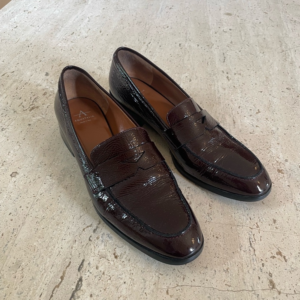 $495 Aquatalia Patent Leather Burgundy Penny Loafers Slip On Shoes 10 Wine
